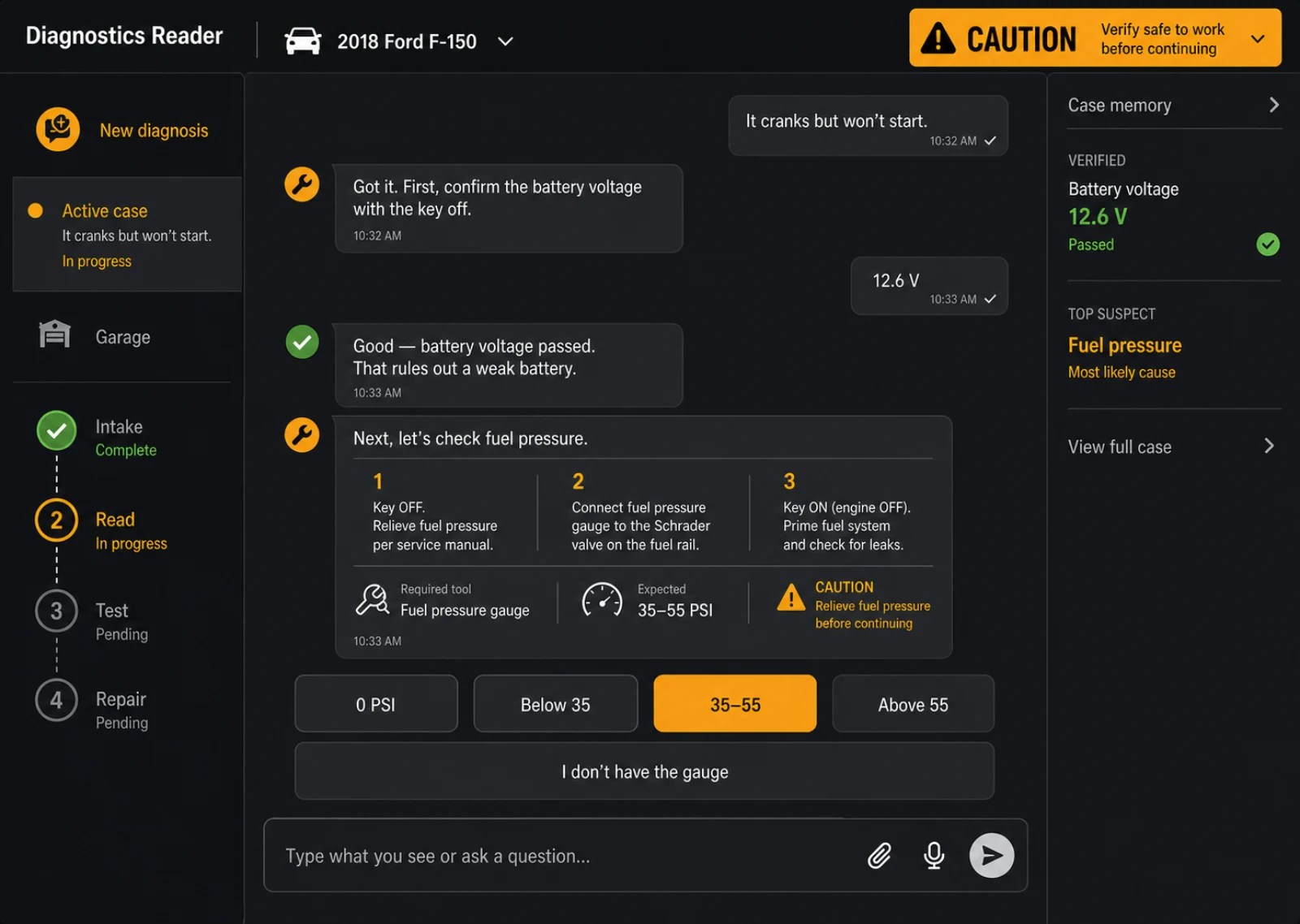 Diagnostics Reader guided case: battery voltage verified, fuel pressure test in progress