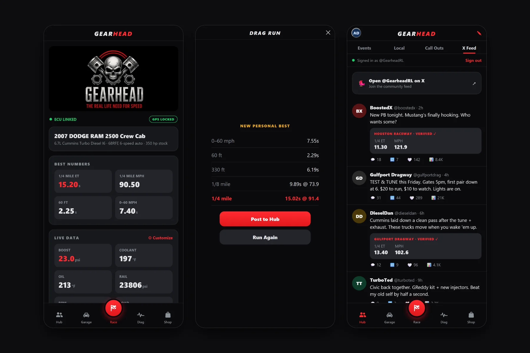 GearHead: live ECU data, a completed drag timeslip, and the community feed