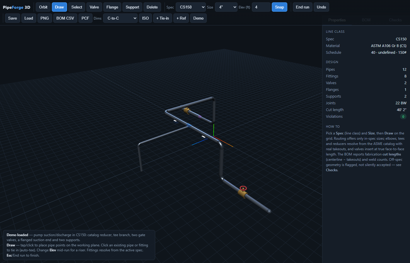 PipeForge 3D pipe-design canvas