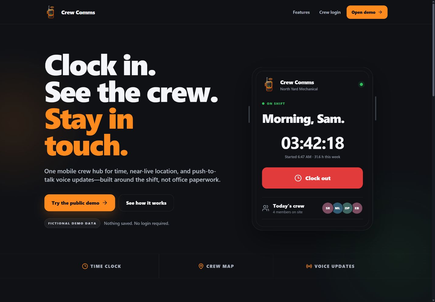 Crew Comms landing page showing the time clock, crew map, and voice updates