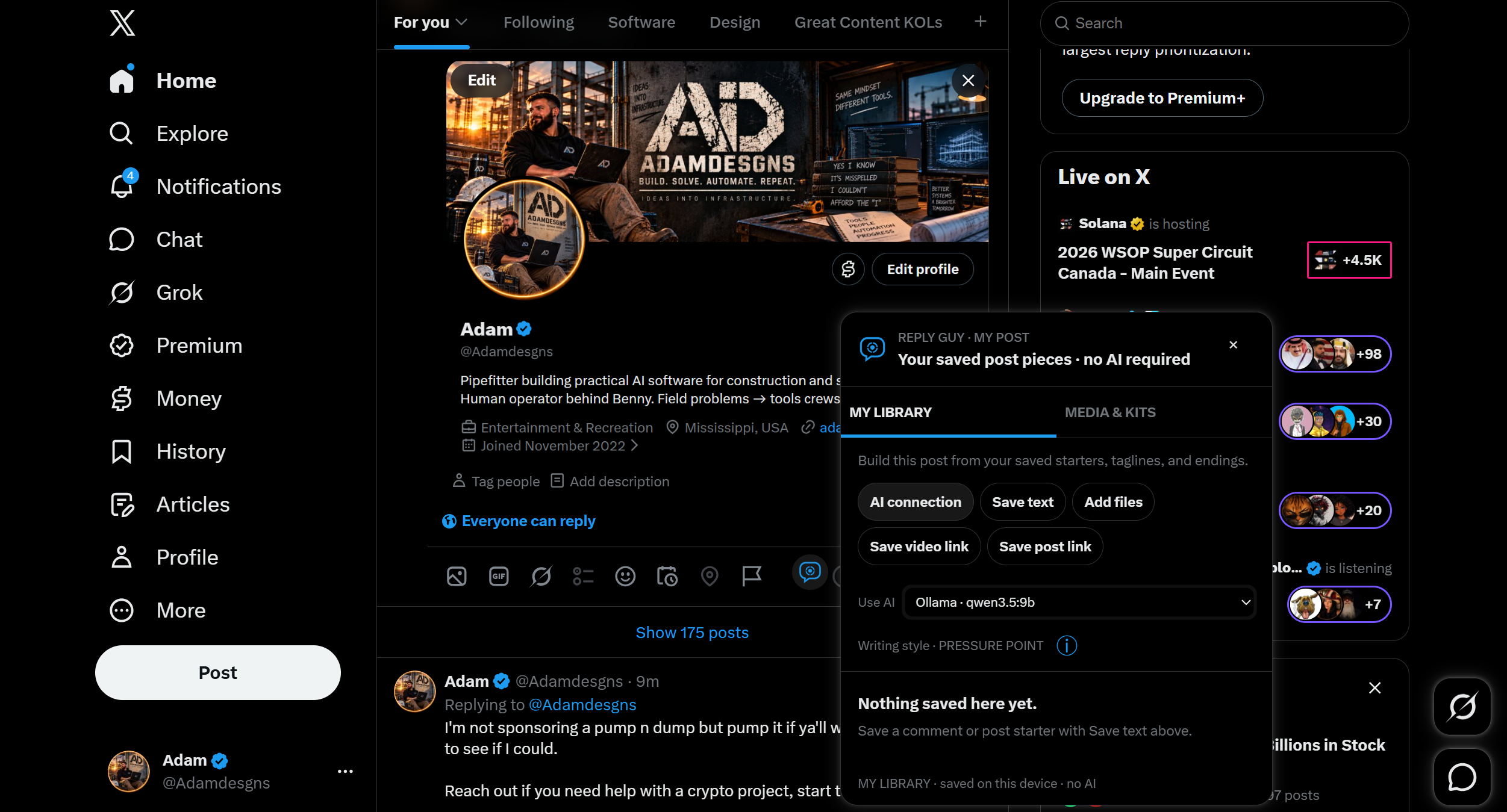 Reply Guy open inside X with saved library tools, writing style and AI provider controls
