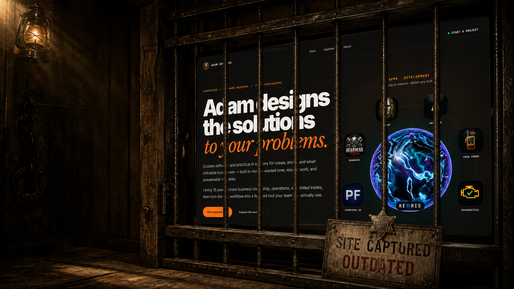 SiteProof Old West website audit showing Adam Designs captured behind bars